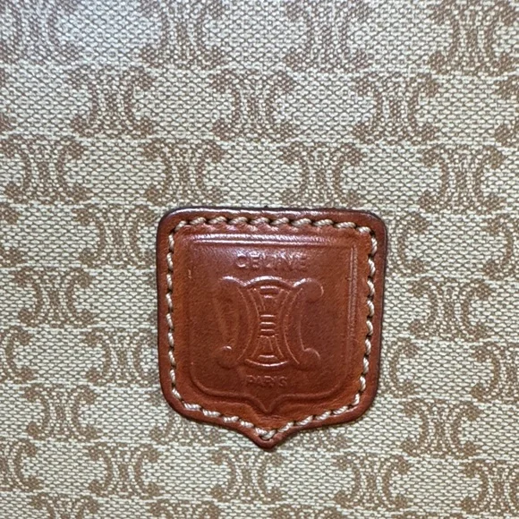 Celine Triumph Logo Clutch Leather Trim Vintage Beige & Brown Bag - Picture 2 of 16